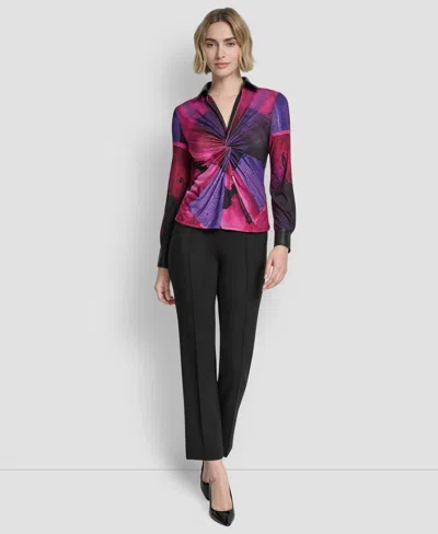 Dkny Petite Knot Front Long Sleeve Top In Multi