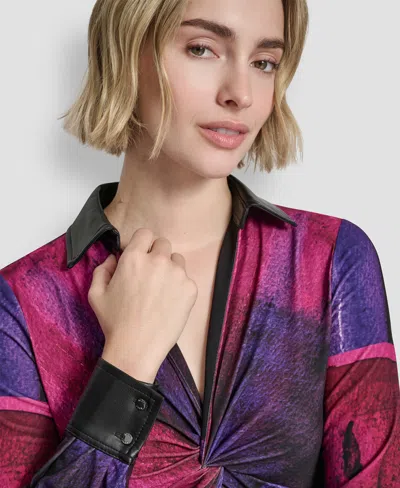 Dkny Petite Knot Front Long Sleeve Top In Multi
