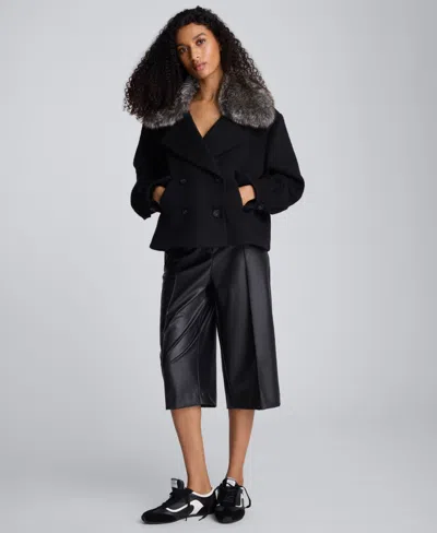 Kenneth Cole Brushed Wool Removeable Faux Fur Collar Cropped Peacoat In Black