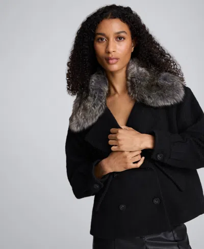 Kenneth Cole Brushed Wool Removeable Faux Fur Collar Cropped Peacoat In Black