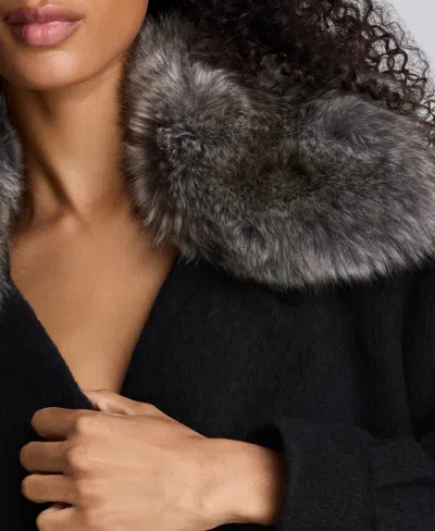 Kenneth Cole Brushed Wool Removeable Faux Fur Collar Cropped Peacoat In Black