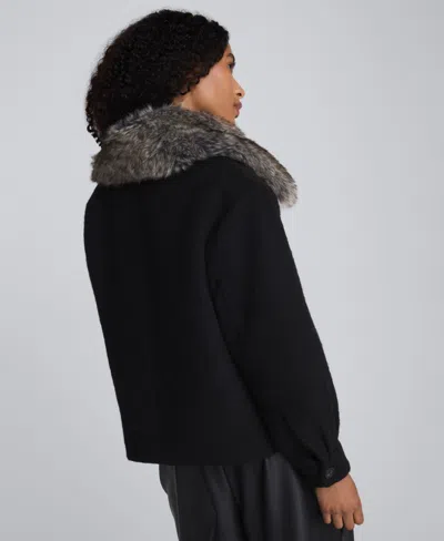 Kenneth Cole Brushed Wool Removeable Faux Fur Collar Cropped Peacoat In Black