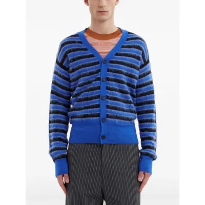 Marni Striped Wool And Mohair Cardigan In Blue
