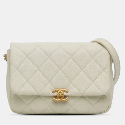 Pre-owned Chanel Cream Small Quilted Caviar Chain Melody Flap In White