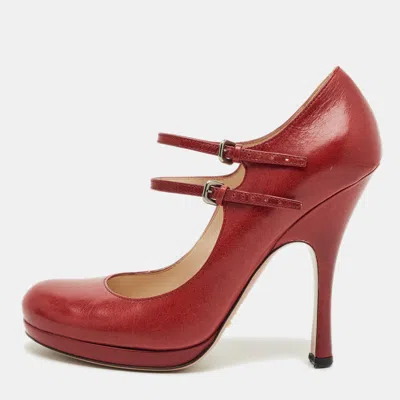 Pre-owned Prada Red Leather Mary Jane Pumps Size 38
