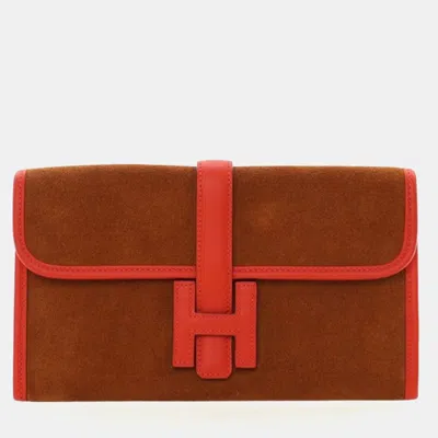 Pre-owned Hermes Rouge Tomate Suede Jige 20 In Brown