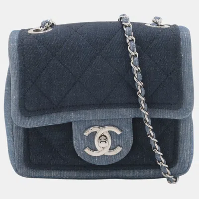 Pre-owned Chanel Blue Mini Square Bicolor Quilted Denim Medallion Flap