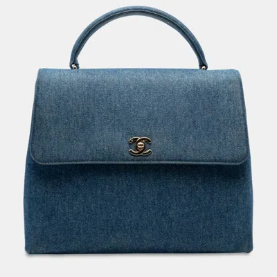 Pre-owned Chanel Blue Cc Denim Kelly Top Handle Bag