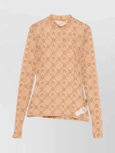 Marine Serre Signature Moon Pattern High-neck Long Sleeve Top In Brown