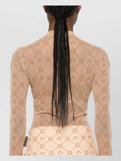 Marine Serre Signature Moon Pattern High-neck Long Sleeve Top In Brown