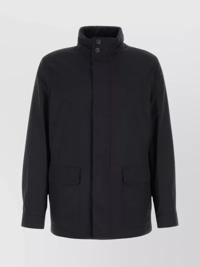 Zegna Wool Jacket With High Collar And Pockets In Black