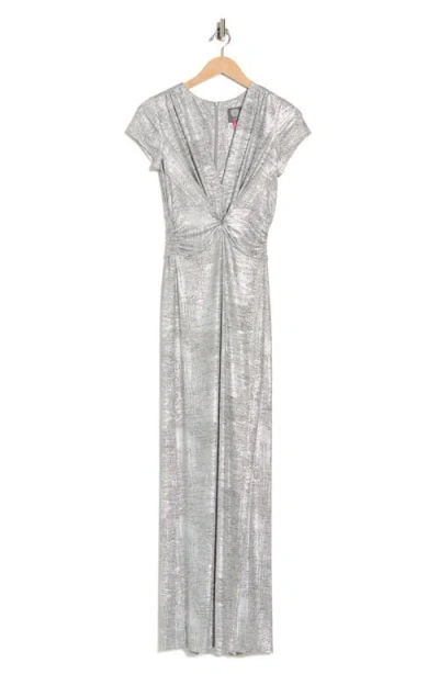 Vince Camuto Twist Front Foil Jumpsuit In Silver