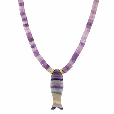 Kris Nations Women's Purple Carved Fluorite Gemstone Sardine Fish On Amethyst Beaded Necklace In Purple