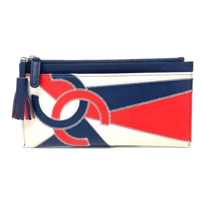 Pre-owned Chanel Blue Red Color White Leather Coin Purse/coin Case ()