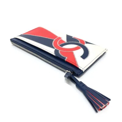 Pre-owned Chanel Blue Red Color White Leather Coin Purse/coin Case ()