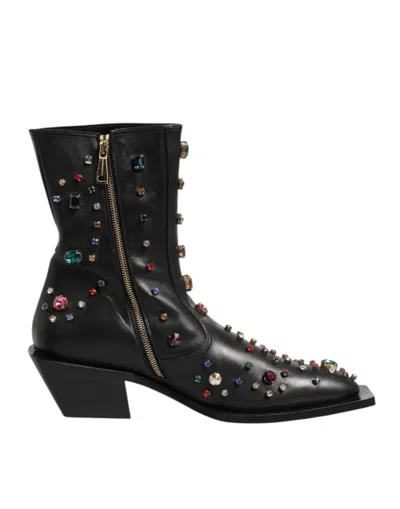 Dolce & Gabbana Black Crystal Embellished Men Short Boots Men's Shoes In Black