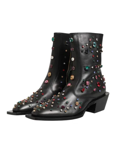 Dolce & Gabbana Black Crystal Embellished Men Short Boots Men's Shoes In Black