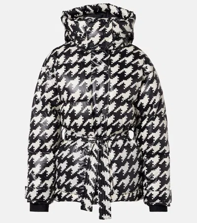 Perfect Moment Moment Houndstooth Hooded Embroidered Padded Down Ski Jacket In Houndstooth-black-snow-white