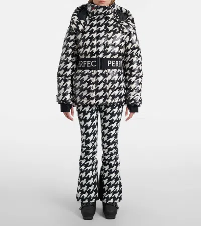 Perfect Moment Moment Houndstooth Hooded Embroidered Padded Down Ski Jacket In Houndstooth-black-snow-white