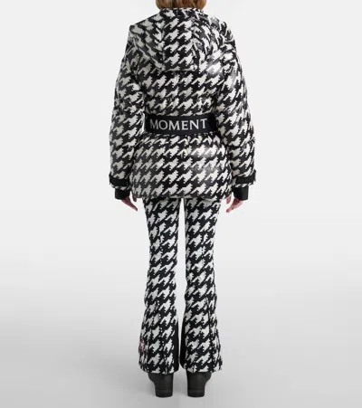 Perfect Moment Moment Houndstooth Hooded Embroidered Padded Down Ski Jacket In Houndstooth-black-snow-white