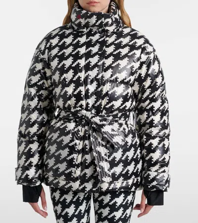 Perfect Moment Moment Houndstooth Hooded Embroidered Padded Down Ski Jacket In Houndstooth-black-snow-white