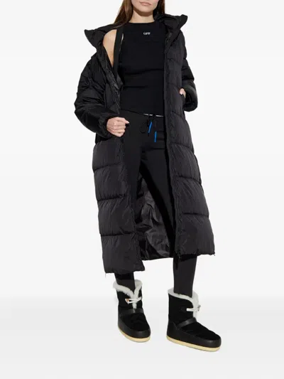 Add Long Ped Coat With Detachable Hood And Side Slits In Black