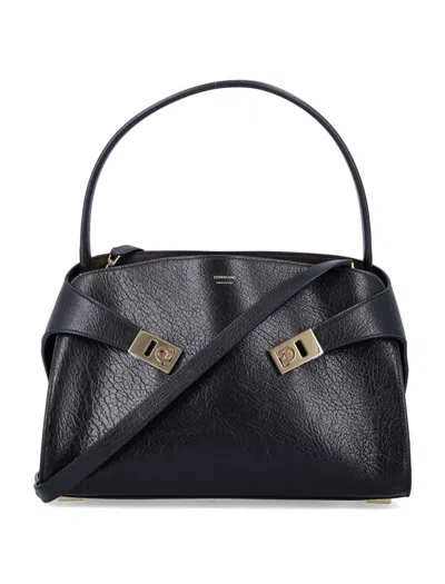 Ferragamo Hug Soft Bicolor Shoulder Bag In Calfskin In Black