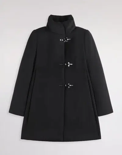 Fay Structured Black Coat With Stand-up Collar And Toggle Closures In Black