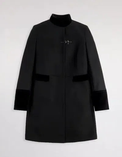 Fay Structured Black Coat With Velvet Accents And High Collar In Black