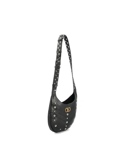 Valentino Garavani Hoboho Hobo Bag In Chevron-patterned Nappa Leather With Studs In Black
