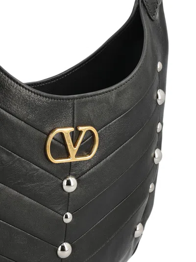 Valentino Garavani Hoboho Hobo Bag In Chevron-patterned Nappa Leather With Studs In Black