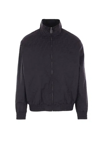 Fendi Men Black Jacket With High Neck And All-over Ff Motif In Tech Fabric Man In Black