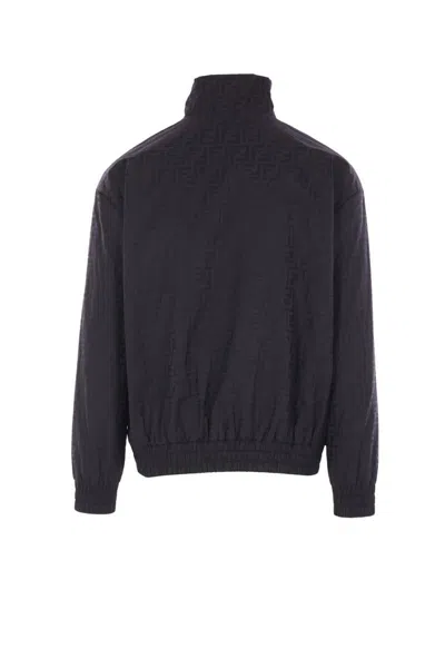 Fendi Men Black Jacket With High Neck And All-over Ff Motif In Tech Fabric Man In Black