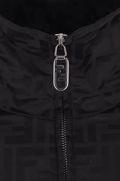Fendi Men Black Jacket With High Neck And All-over Ff Motif In Tech Fabric Man In Black