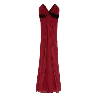 Elie Saab Pleated Velvet-trimmed Dress In Red
