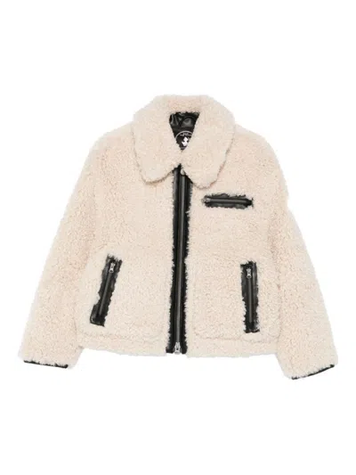 Save The Duck Cropped Beige Jacket With Plush Texture In Brown