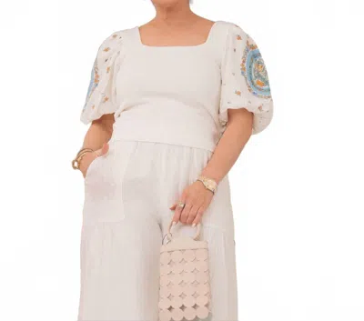 Current Air Savannah Puff Sleeve Square Neck Top In White In White