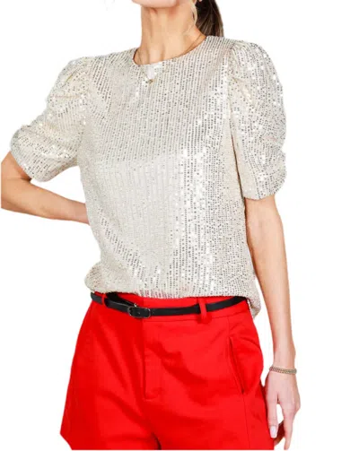 Vine & Love Round Neck Puff Sleeve Elasticized Sequin Blouse In Taupe In Metallic