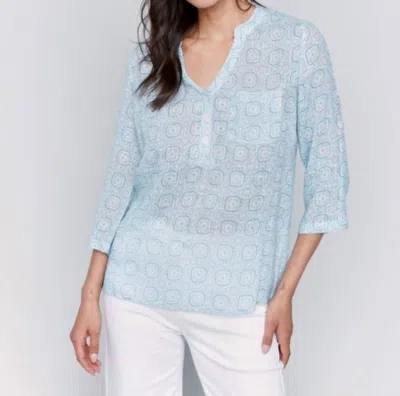 Charlie B Roll Sleeve Cotton Gauze Blouse In Tiles In Blue