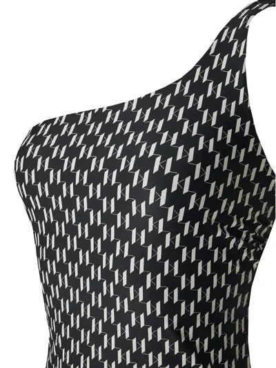 Karl Lagerfeld Monogram-print One-shoulder Swimsuit In Black