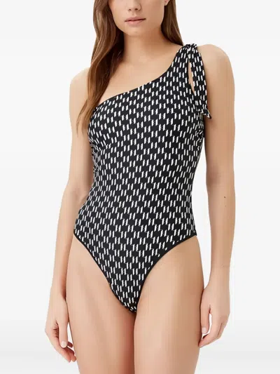 Karl Lagerfeld Monogram-print One-shoulder Swimsuit In Black