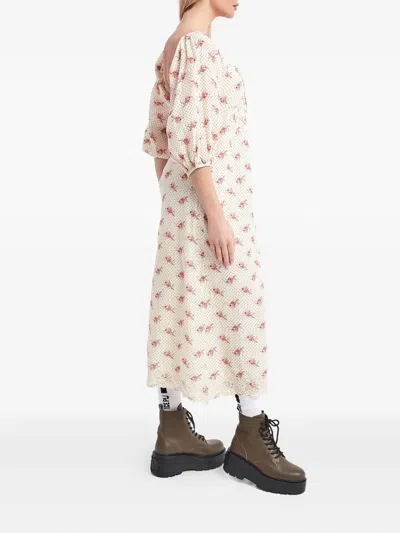Notes Du Nord Puff-sleeve Floral-print Midi Dress In White