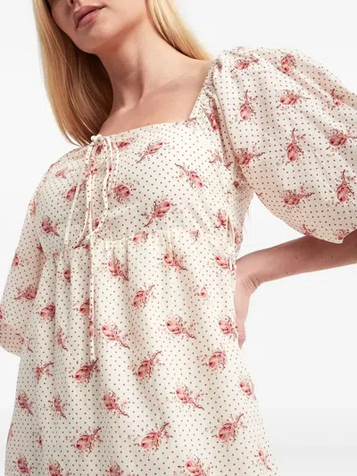 Notes Du Nord Puff-sleeve Floral-print Midi Dress In White