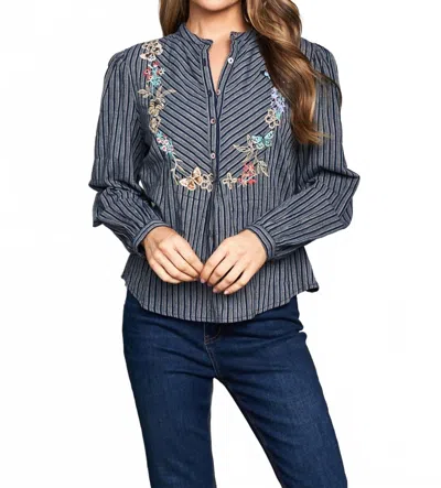 Paparazzi Embroidered Yarn Dye Stripe Prairie Blouse In Navy In Blue