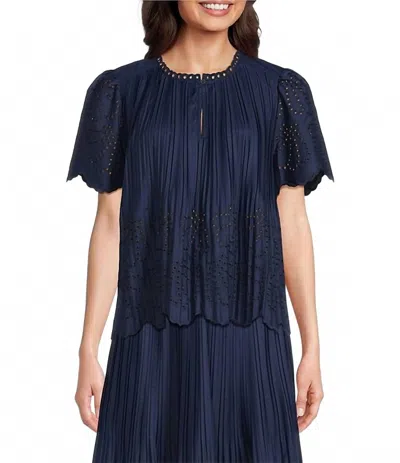 Current Air Slight Pleated And Embrodiered Top In Navy In Blue