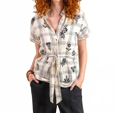 Paparazzi Embroidered Double Face Plaid Cap Sleeve Shirt In Ivory/black In White