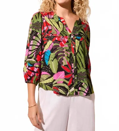 Tribal Tropical Button Front Blouse In Loden Olive In Green