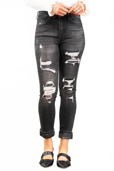 Vervet By Flying Monkey Hustler Camo Print Cuffed Ankle Skinny Jeans In Black With Camo Patch In Black