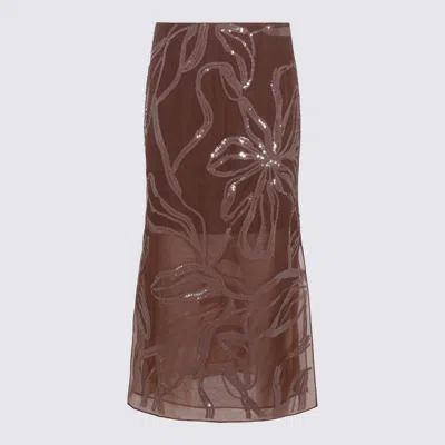 Brunello Cucinelli Floral Midi Skirt Sheer Overlay In Brown