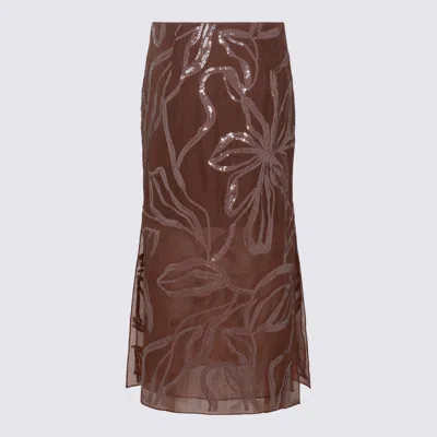 Brunello Cucinelli Floral Midi Skirt Sheer Overlay In Brown